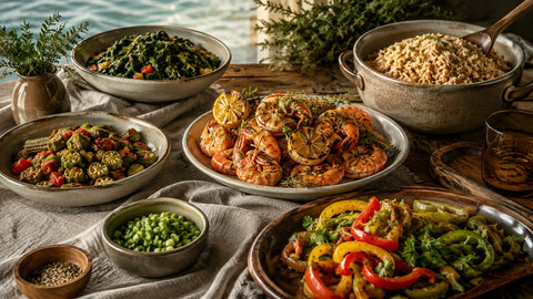 Coastal Soul table with rice, greens, seafood, okra, herbs, and bold coastal flavors