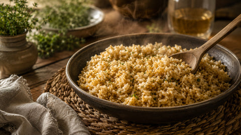 Steaming Carolina Gold rice with herbs in a Lowcountry-inspired table setting