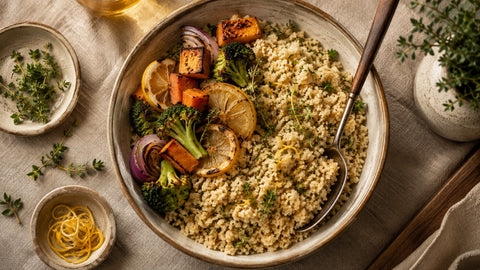 Fluffy cooked fonio with herbs, citrus, and roasted vegetables