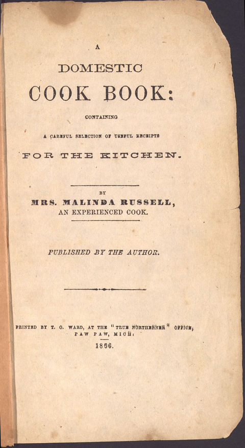 Title page of A Domestic Cook Book by Mrs. Malinda Russell, 1866.