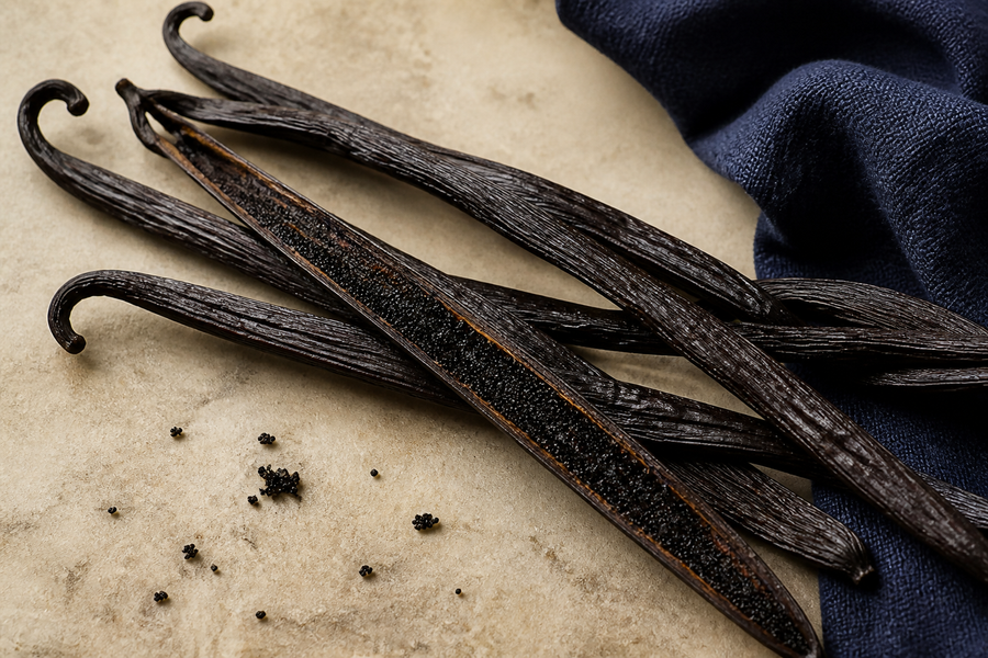 Split vanilla beans showing the seeds inside