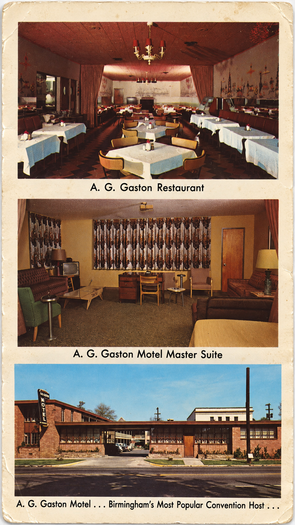 Three-panel collage showing the A. G. Gaston Restaurant interior, motel master suite, and motel exterior.