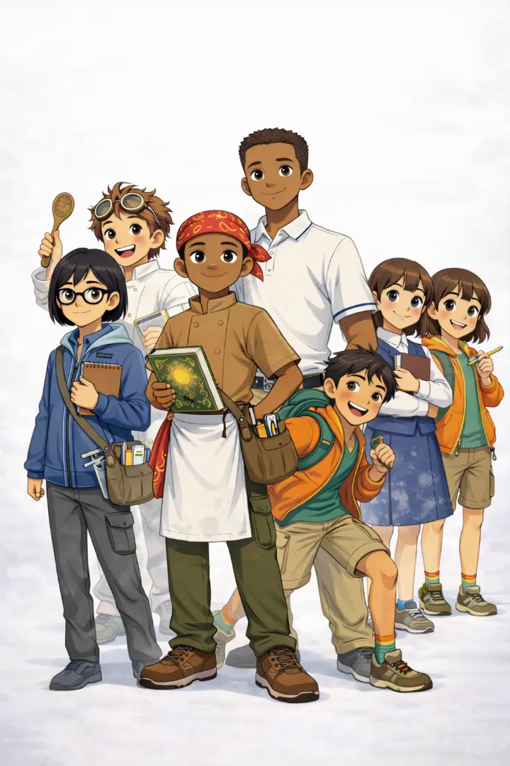 The seven characters of The Culinary Capers of Bandana Boy on a white background.